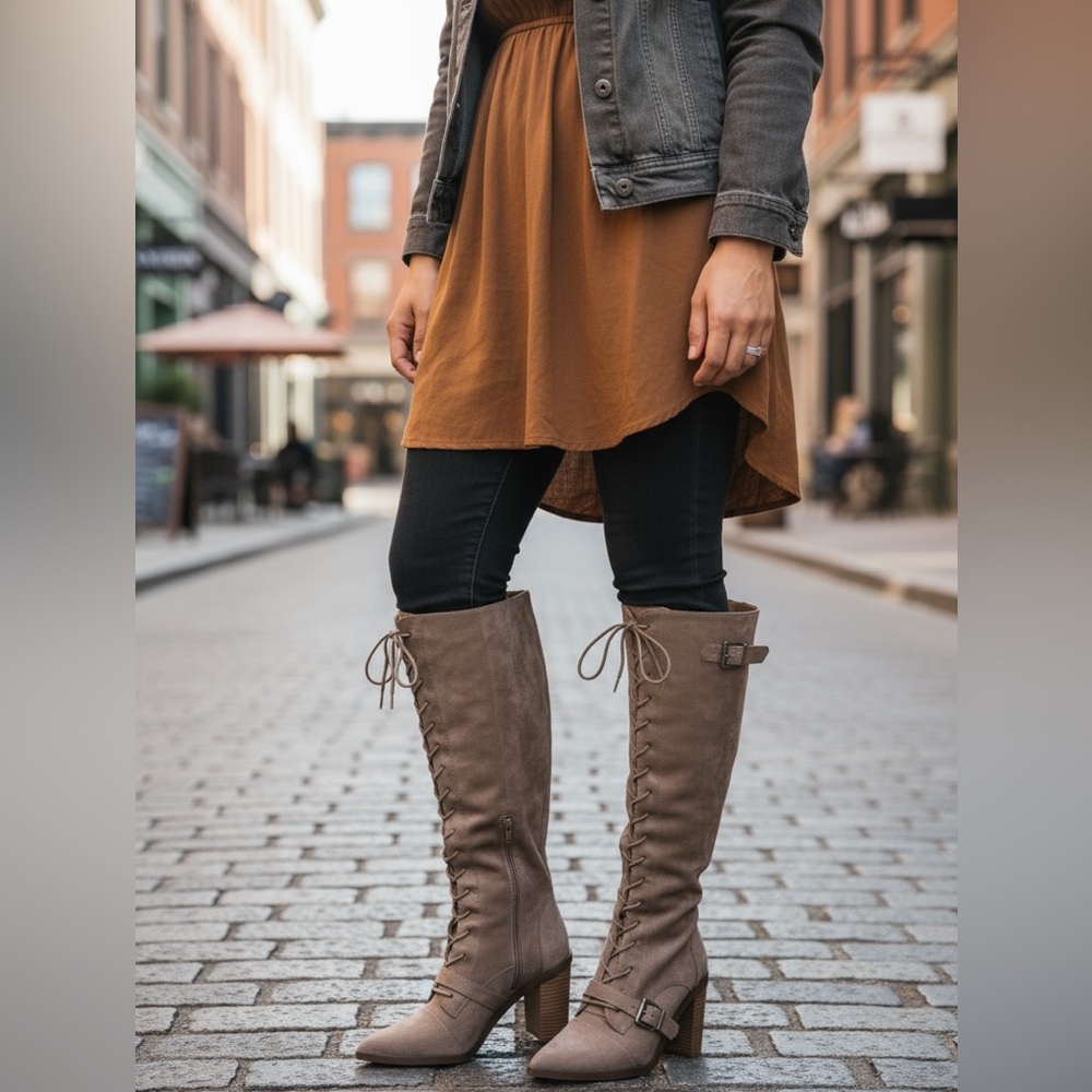 NEW Charles David Dysfunctional Leather Stacked Heel Knee-High Boots Suede